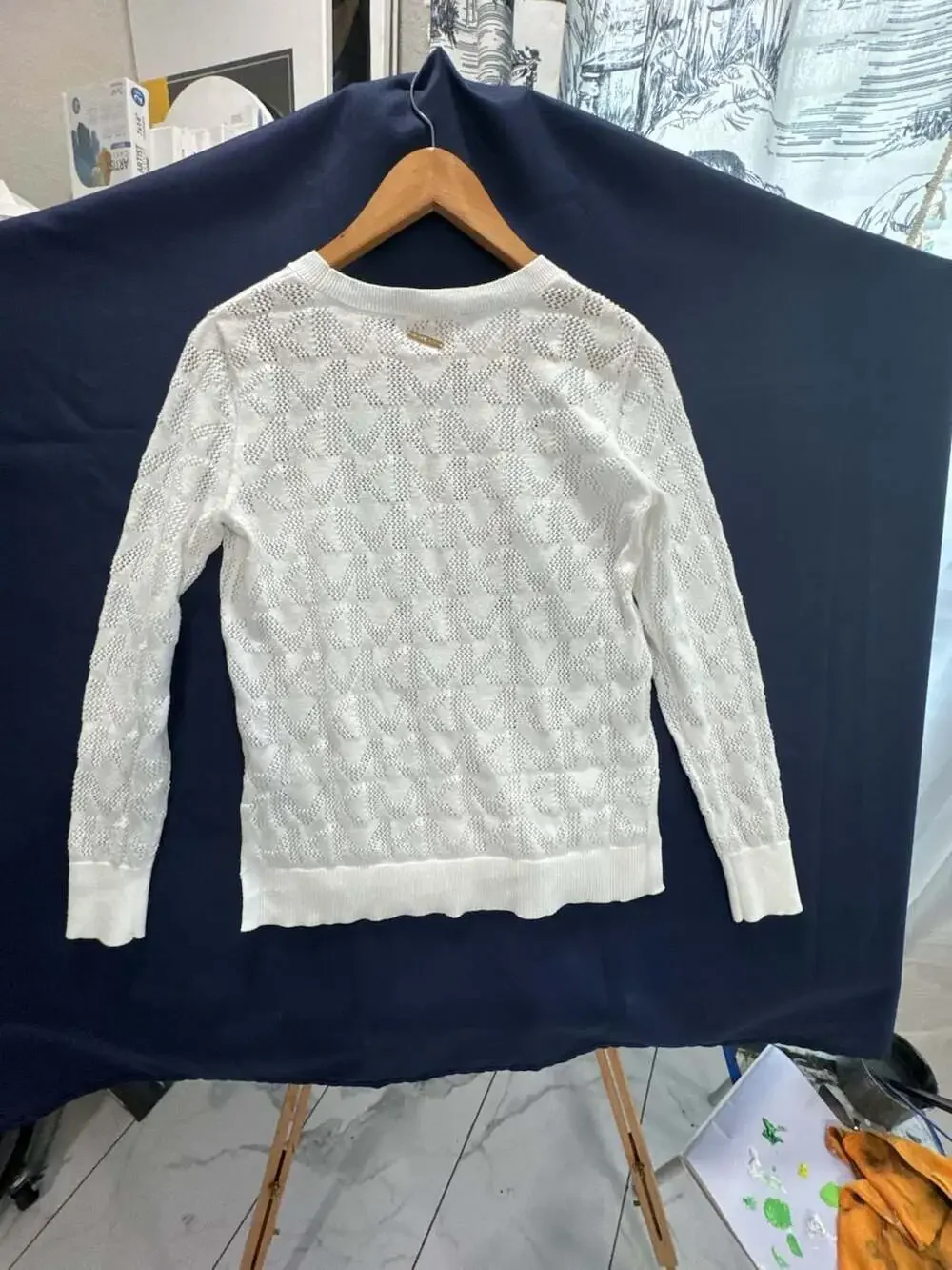Michael Kors Women's White Monogram Open-Knit Crewneck Pullover Sweater